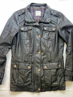 ESPRIT Women’s Coated Linen Blend Utility Field Jacket Plaid Lined Black US 12 L